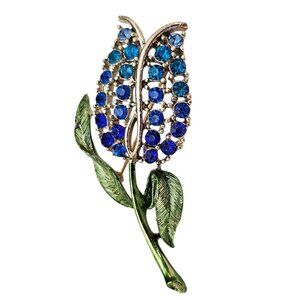 Blue Rhinestone Tulip Brooch Green Enamel Stem Pin C626